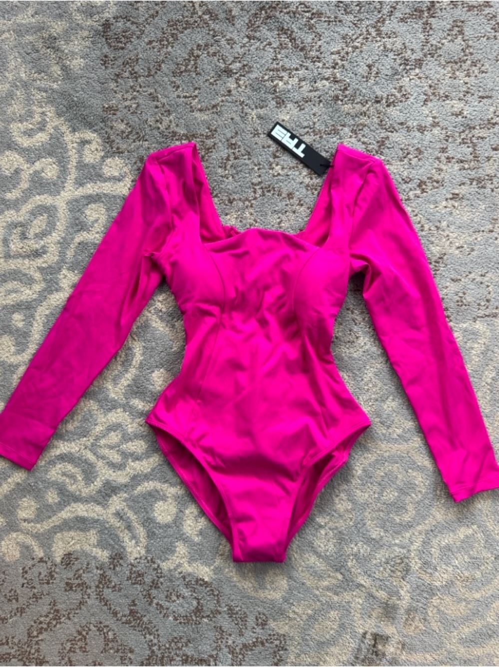 TA3 Squarey Long Sleeved Snatched Waist Corset Back Swimsuit Pink Small Short
